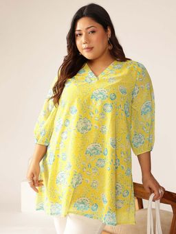 Janasya - Women'S Plus Size Lime Yellow Georgette Floral Printed A-Line Tunic
