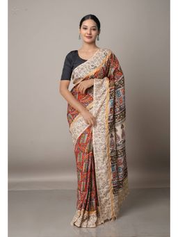 Unnati Silks - Multi Pure Kalamkari Block Printed Silk Saree with Unstitched Blouse