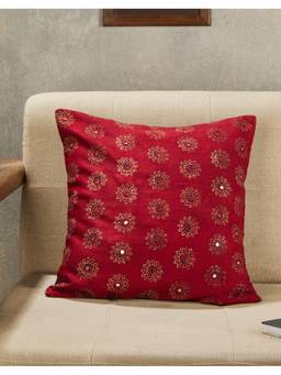 Fabindia - Red Chavi Ajrakh Embroidered Cotton Cushion Cover (16X16 Inches)