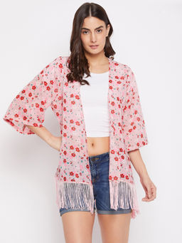 PURYS - Floral Frinted Fringe Kimono Shrug Pink