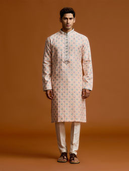 Kora by Nilesh Mitesh - Peach Embroidered Mandarin Neck Kurta With Pant