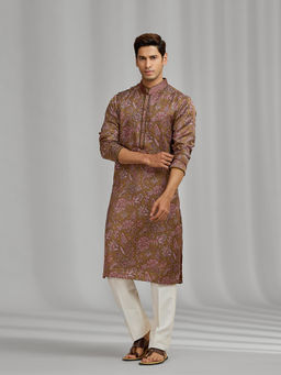 Kora by Nilesh Mitesh - Green Floral Mandarin Neck Kurta With Pant