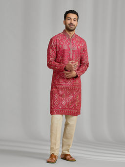 Kora by Nilesh Mitesh - Pink Embroidered Mandarin Neck Kurta With Pant