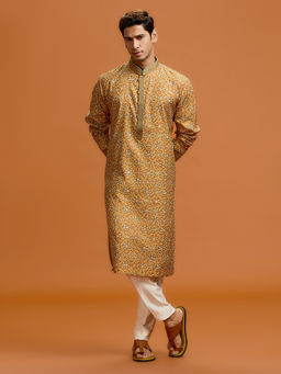Kora by Nilesh Mitesh - Yellow Printed Mandarin Neck Kurta With Pant