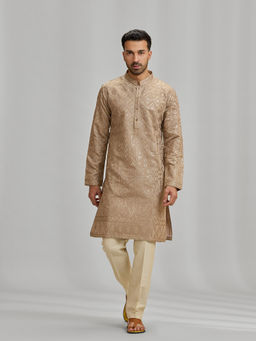 Kora by Nilesh Mitesh - Brown Embroidered Mandarin Neck Kurta With Pant