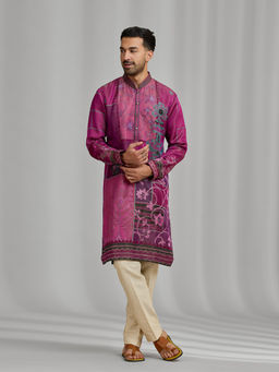 Kora by Nilesh Mitesh - Magenta Embroidered Mandarin Neck Kurta With Pant