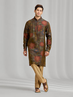 Kora by Nilesh Mitesh - Green Printed Mandarin Neck Kurta With Pant