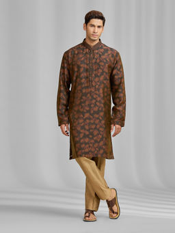 Kora by Nilesh Mitesh - Brown Printed Mandarin Neck Kurta With Pant