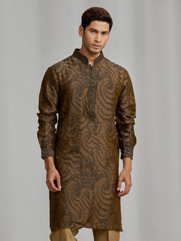 Kora by Nilesh Mitesh - Green Printed Mandarin Neck Kurta With Pant
