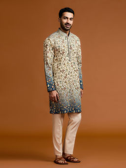 Kora by Nilesh Mitesh - Beige Embroidered Mandarin Neck Kurta With Pant