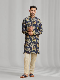 Kora by Nilesh Mitesh - Blue Printed Mandarin Neck Kurta With Pant
