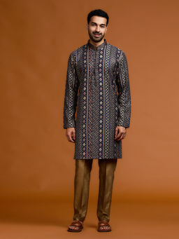 Kora by Nilesh Mitesh - Blue Embroidered Mandarin Neck Kurta With Pant