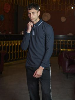 Odette - Franco Navy Blue Polyester Rib Lycra Solid Polo T-Shirt for Men