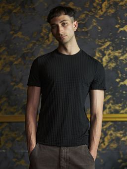 Odette - Franco Black Polyester Lycra Crinkled T-Shirt for Men