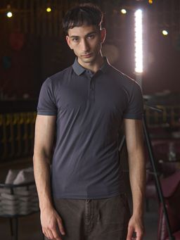 Odette - Franco Grey Polyester Lycra Solid Polo T-Shirt for Men