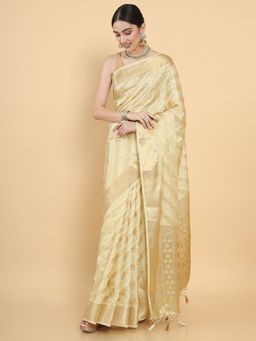 Mimosa - Women Traditional Kasavu Art Silk Beige Saree with Unstitched Blouse
