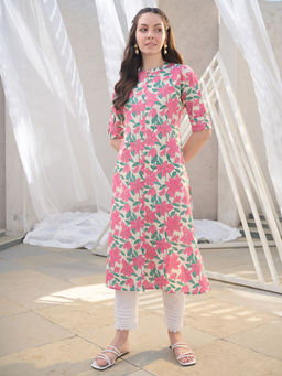 Stylum - Womens Pink Floral Printed Cotton Flax A-Line Kurta