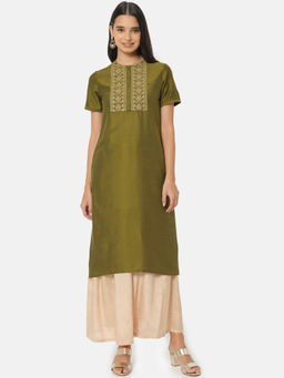 SAAKI - Olive Solid Embroidered Kurta
