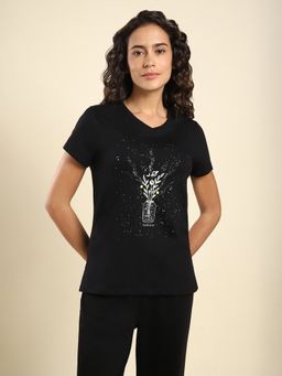 Van Heusen Woman Lingerie and Athleisure - V-Neck and Short Sleeve T-Shirt - Black
