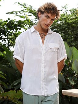 Campus Sutra - Men's Chalk White Satin-Utility Oversized Shirt