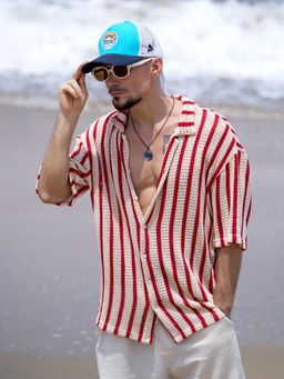 Campus Sutra - Men's Scarlet Red Striped Open-Knit Resort Shirt