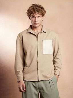 Campus Sutra - Men's Ecru Beige Block-Patch Oversized Shirt
