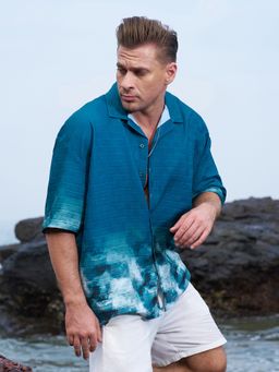 Campus Sutra - Men's Teal Green Abstract Oversized Shirt