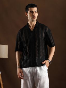 Campus Sutra - Men's Onyx Black Swirl Open-Knit Resort Shirt