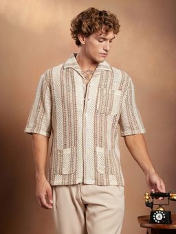 Campus Sutra - Men's Off-White and Ash Brown Striped Open-Knit Oversized Shirt