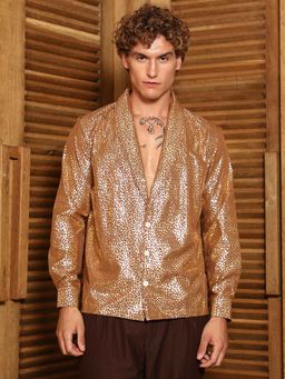 Campus Sutra - Men's Mocha Brown Metallic Shawl Collar Oversized Shirt