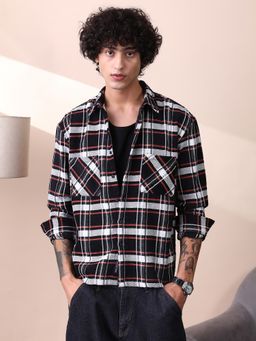 Campus Sutra - Men's Obsidian Black and Daisy White Halo-Check Utility Shacket