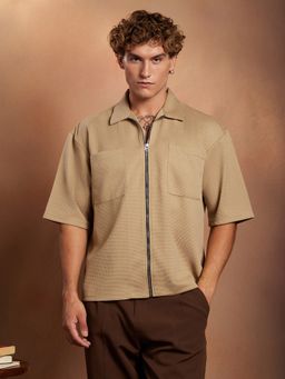 Campus Sutra - Men's Sand Beige Waffle-Utility Oversized Shirt