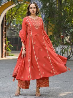 Vaamsi - Women Orange Silk Blend Embroidered Anarkali Kurta & Palazzo with Dupatta (Set of 3)