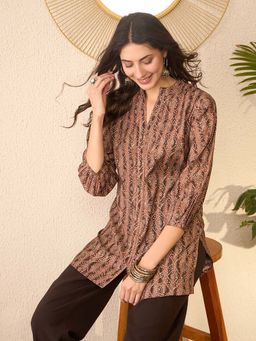 Vaamsi - Brown Cotton Blend Ethnic Motifs Printed Regular Top