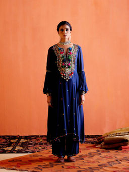 Karishma Khanduja - Arshad Blue Embellished Tassels Kurta with Pant (Set of 2)