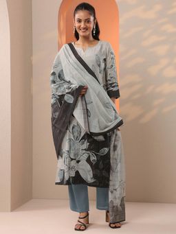 Libas - Grey Floral Printed Straight Kurta with Pant and Dupatta