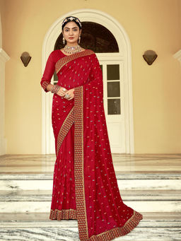 Odette - Red Vichitra Embroidered Saree with Unstitched Blouse