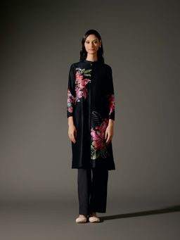 Rohit Bal - Black Chanderi Print Kurta with Pant (Set of 2)