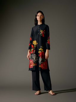 Rohit Bal - Black Chanderi Print Kurta with Pant (Set of 2)