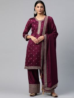 Readiprint - Semi-Stitched Straight Style Art Silk Fabric Wine Kurta with Bottom & Dupatta (Set of 3)