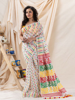 Angoshobha - Traditional White Soft Dhakai Jamdani Saree with Unstitched Blouse