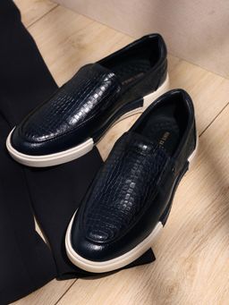Monte Carlo - Men Navy Blue Leather Slip On Loafers