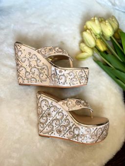 Modanta - Satin Gold Embroidered High Wedges
