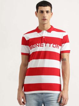United Colors of Benetton - Men Regular Fit Collar Neck Stripes Red Polo T-Shirt