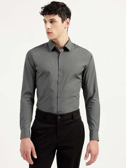United Colors of Benetton - Men Slim Fit Collar Neck Solid Grey Shirt