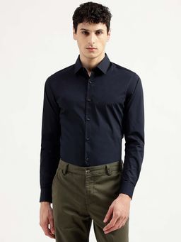 United Colors of Benetton - Men Slim Fit Collar Neck Solid Navy Blue Shirt