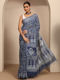 Libas - Blue Floral Printed Saree With Unstitched Blouse