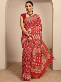 Libas - Red Floral Printed Saree With Unstitched Blouse