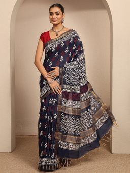 Libas - Navy Blue Floral Printed Saree With Unstitched Blouse