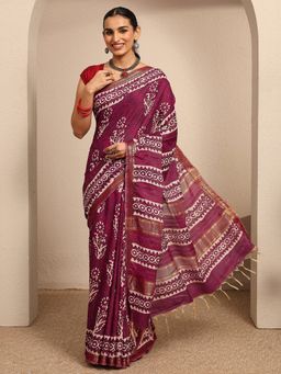 Libas - Burgundy Floral Printed Saree With Unstitched Blouse